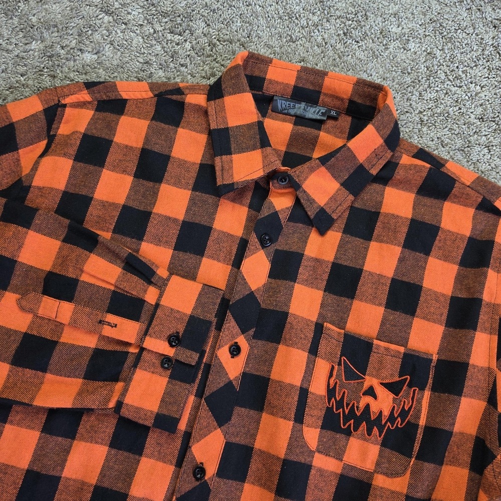 Kreepsville Shirt Mens XL Orange Black Plaid Button Up Flannel Halloween Pumpkin